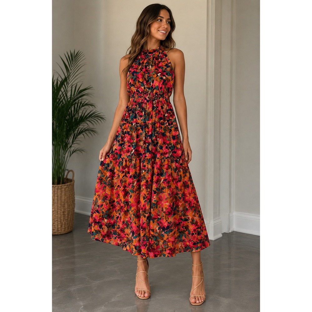 Vince Camuto Jewel Tone Floral Halter Tiered Maxi Dress Sz 8 Fall Smocked Waist